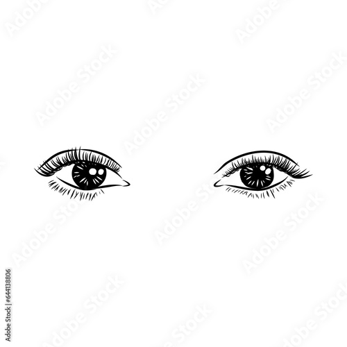 Beautiful woman eyes black and white drawing sketch. Vector fashion illustration.