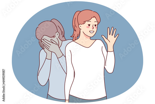 Girl pretending happy and smiling suffering from depression mental breakdown. Young woman struggle with psychology problems inside. Vector illustration.