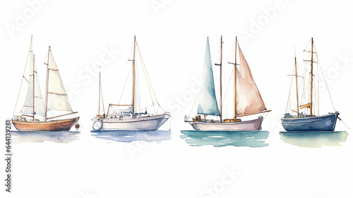 set, a collection of watercolor drawing of a boat with a sail.