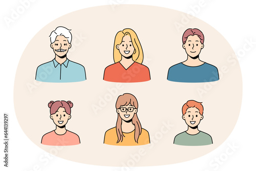 Avatars of diverse people set. Collection of younger and older person faces. Diversity and equality. Vector illustration.