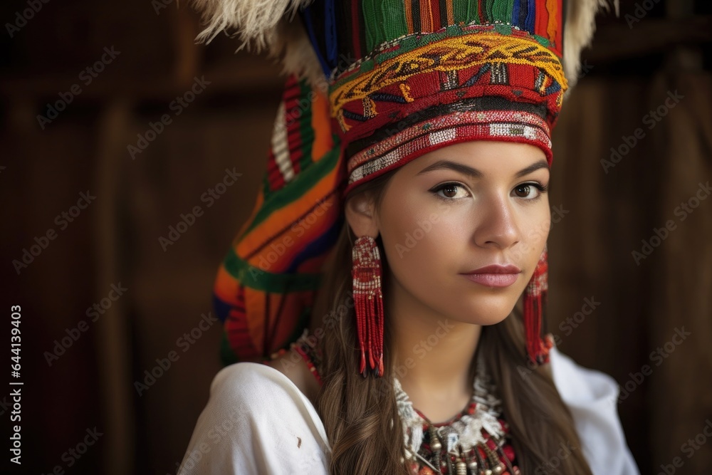 portrait of a beautiful young woman wearing a traditional headdress