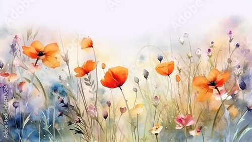 multicolored wildflowers watercolor field drawing summer.