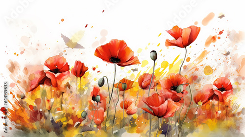 red poppies watercolor delicate drawing of wild flowers in a field on a white background. © kichigin19