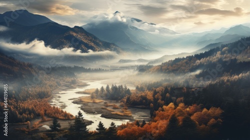 View beauty autumn foggy  landscape background