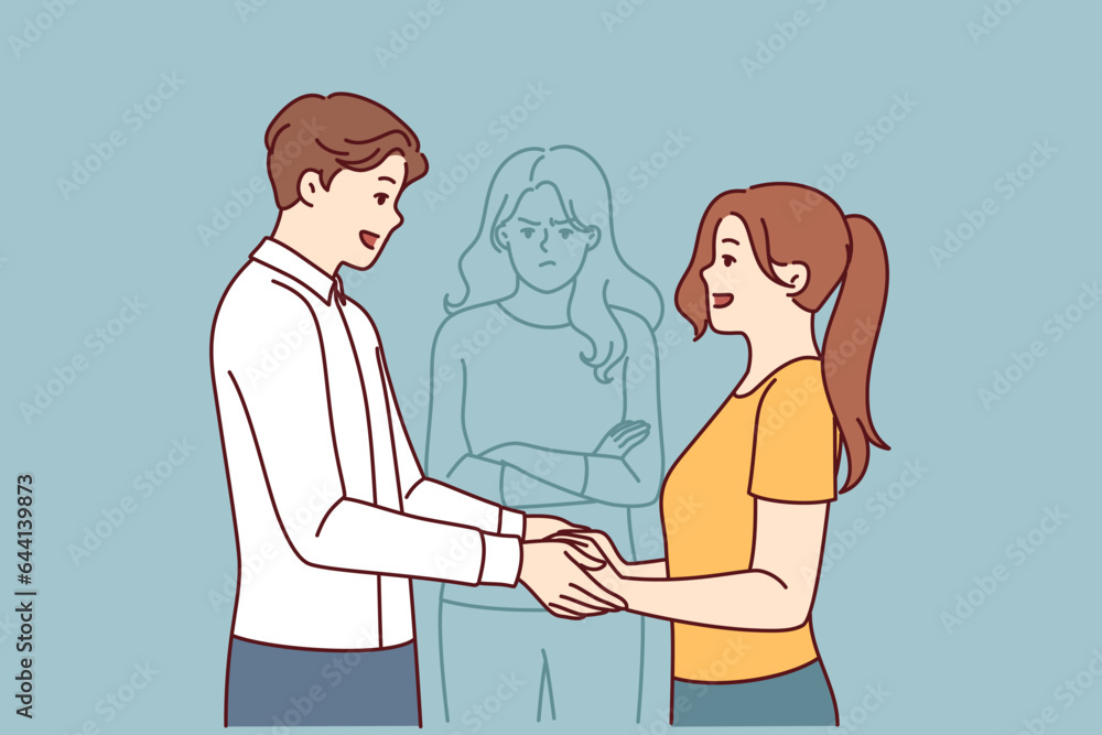 Jealous woman follows couple in love holding hands, chasing traitor ex-boyfriend. Jealous evil girlfriend feels resentful because of betrayal of man who goes on date with another girl. Jealous woman follows couple in love holding hands, chasing traitor ex-boyfriend. Jealous evil girlfriend feels resentful because of betrayal of man who goes on date with another girl.