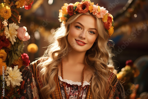 Beautiful Slavic young woman in traditional costume and wreath of flowers photo