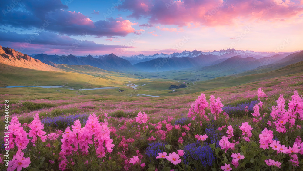 Obraz premium Covered in pink and blue small wildflowers beautiful Mountain valley