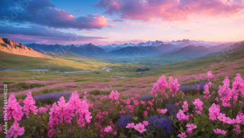 Covered in pink and blue small wildflowers beautiful Mountain valley