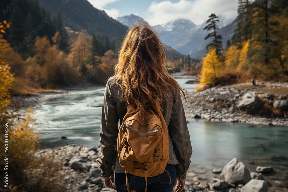 Back view of girl traveler with a backpack looking at a beautiful mountain river