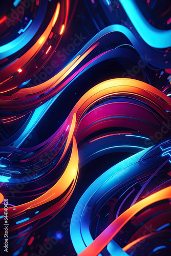 Colorful background with abstract shape glowing in blue, curvy neon lines