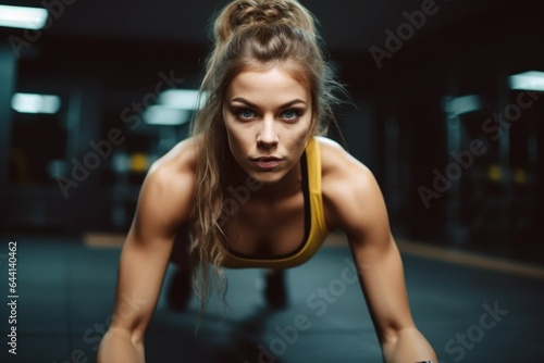 portrait of a young woman doing push ups at the gym
