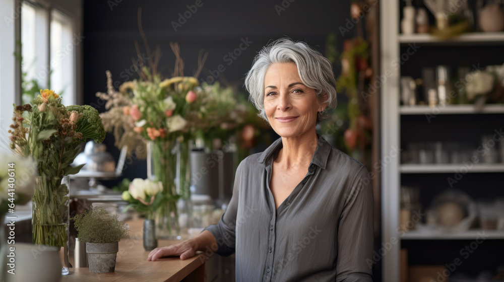 Senior flower shop owner with grey hair standing in her shop. Generative AI Senior flower shop owner with grey hair standing in her shop. Generative AI