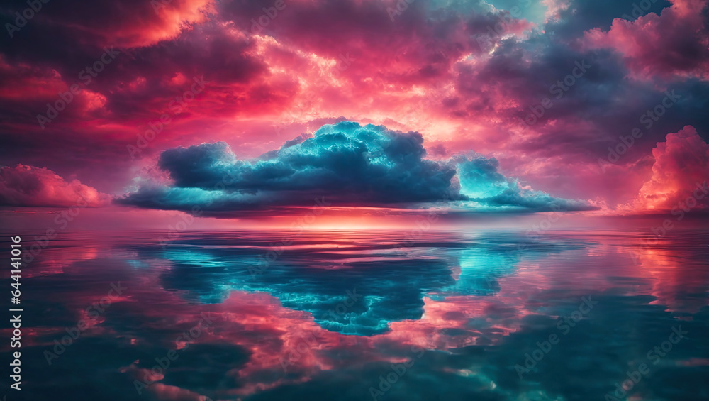 Fototapeta premium Cloud and water surface with a circular neon light