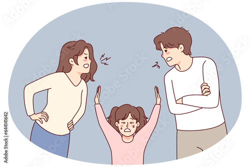 Unhappy little kid suffer from parents arguing. Small child struggle with mom and dad fighting. Domestic violence effect on children. Vector illustration.