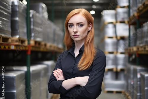 portrait of a young woman standing with her arms folded in a warehouse