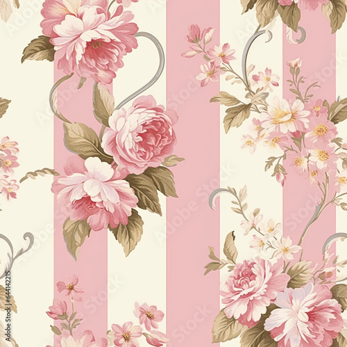 Fototapeta Naklejka Na Ścianę i Meble -  Seamless pattern, tileable striped pink floral country style print for wallpaper, wrapping paper with English countryside rose flowers for scrapbook, fabric and product design