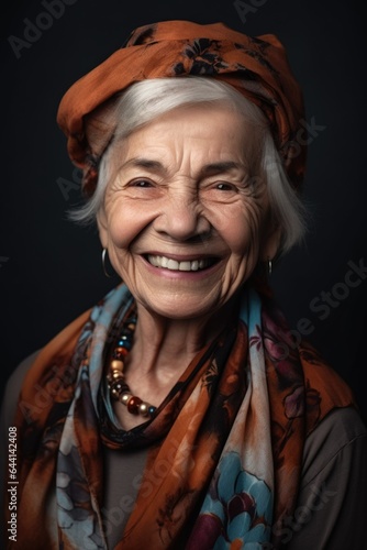 creative, portrait and senior woman in studio smile happily on a gray background
