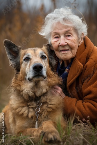 loyal dog, portrait and senior woman in nature with smile on face