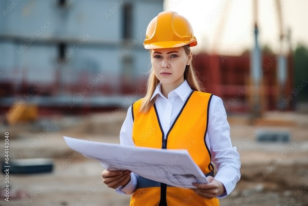 Fototapeta premium young female engineer checking a blueprint on construction site