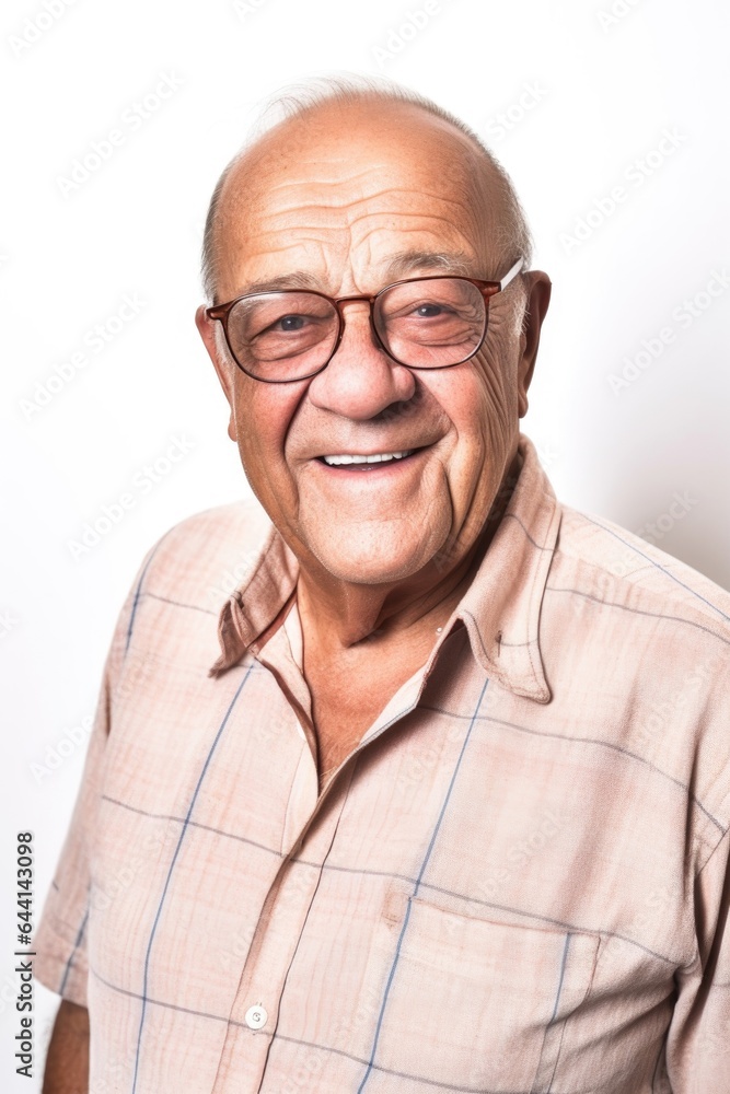 smile, portrait and senior man with glasses isolated on a white background in studio