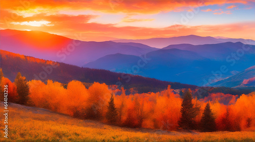 A vibrant autumn landscape, with a bright orange sun setting behind a distant mountain range. Generative AI