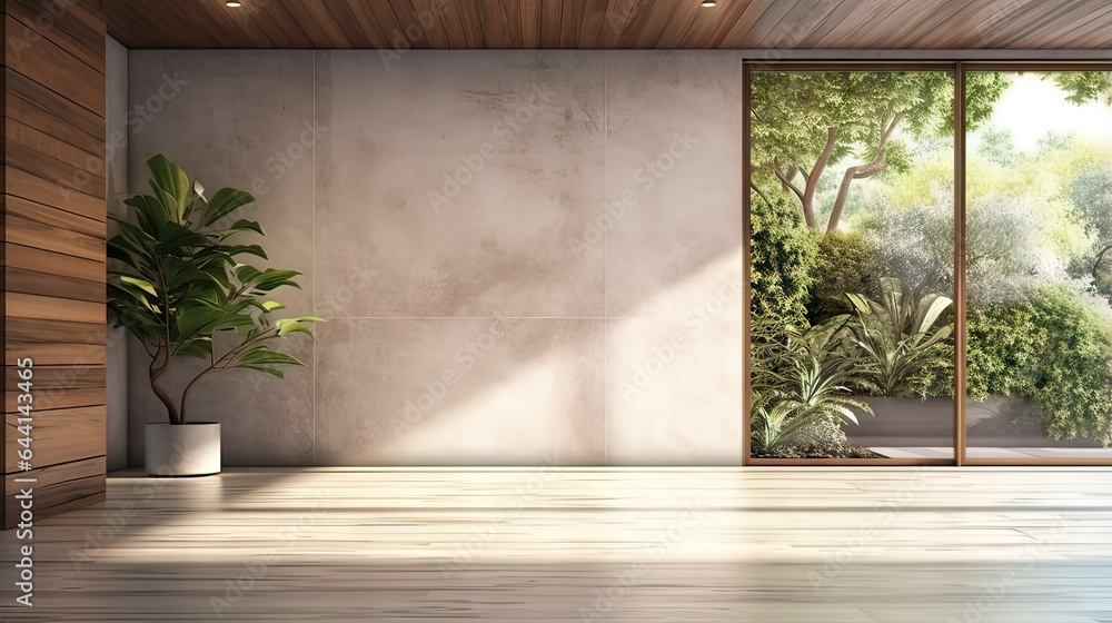 Modern loft empty and open room with garden 3d render, wooden plank ceiling and marble floor Modern loft empty and open room with garden 3d render, wooden plank ceiling and marble floor