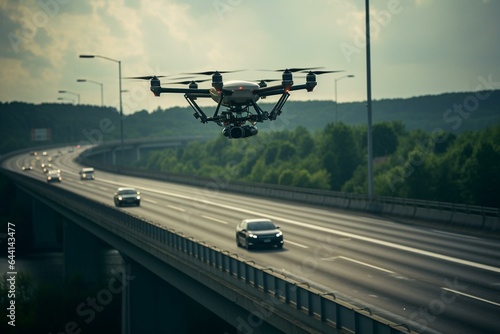 Highway monitored by drones featuring advanced technology and enhanced surveillance. Generative AI