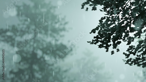 Digital painting of rain falling in the forest. anime style. For use as a background