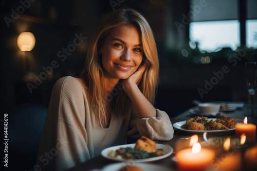 portrait of an attractive young woman enjoying a family meal