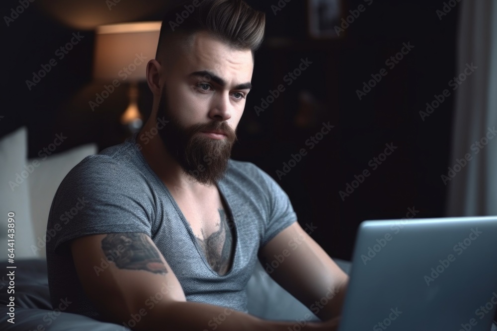 portrait of a handsome young man using a laptop at home portrait of a handsome young man using a laptop at home