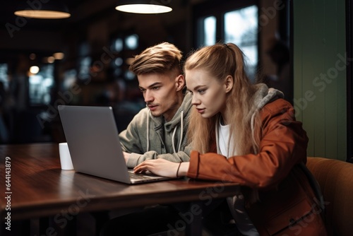 shot of two young people using a laptop together in a coffee shop
