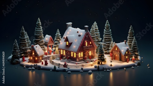 3d rendering of small village with house in the woods, isometric exterior, open view. Cozy Christmas atmosphere. Holiday decoration. New Year's design. Dark background. 