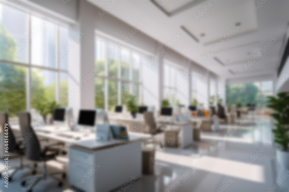 Blurred office interior in the morning, cozy bright workplace with cityscape, background for business presentation Blurred office interior in the morning, cozy bright workplace with cityscape, background for business presentation