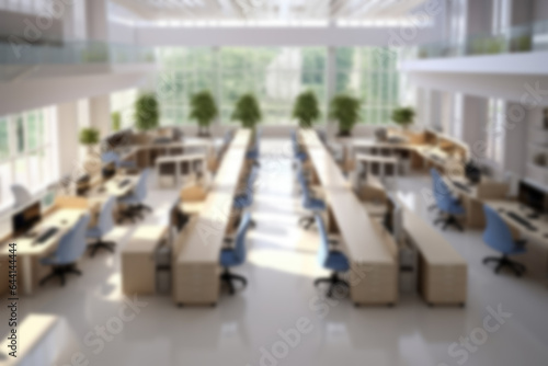 Blurred office interior in the morning, cozy bright workplace with cityscape, background for business presentation