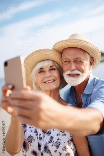 a loving couple taking photos of themselves while on vacation