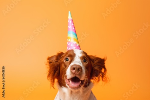 Close-up portrait photography of a funny brittany dog wearing a unicorn horn against a pastel orange background. With generative AI technology