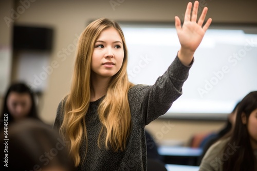 one young woman standing and raising her hand in class as she asks a question
