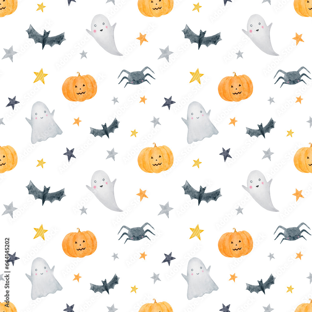 Halloween watercolor hand-painted seamless pattern with ghost, stars, pumpkin, bat. Fall holidays digital paper. Halloween watercolor hand-painted seamless pattern with ghost, stars, pumpkin, bat. Fall holidays digital paper.