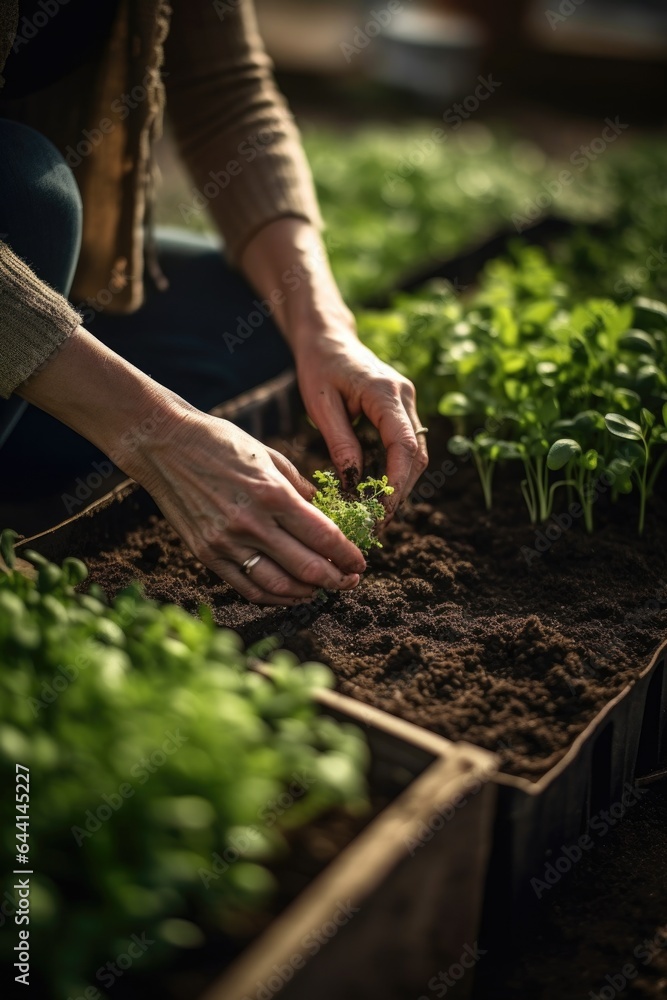 Fototapeta premium shot of a woman planting seedlings in the soil on her urban farm