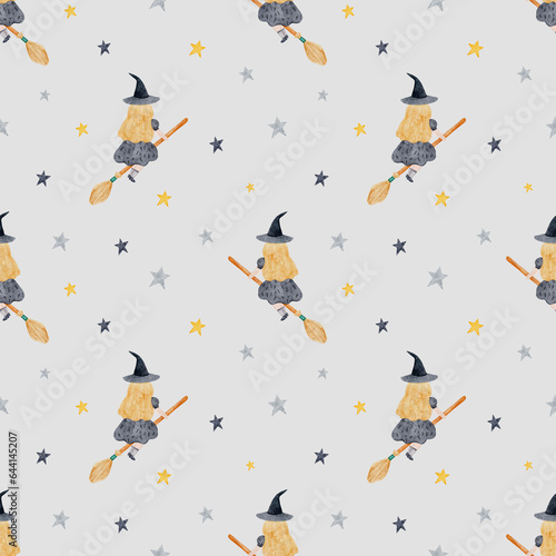 Halloween watercolor hand-painted seamless pattern with stars, witch. Fall holidays digital paper. 