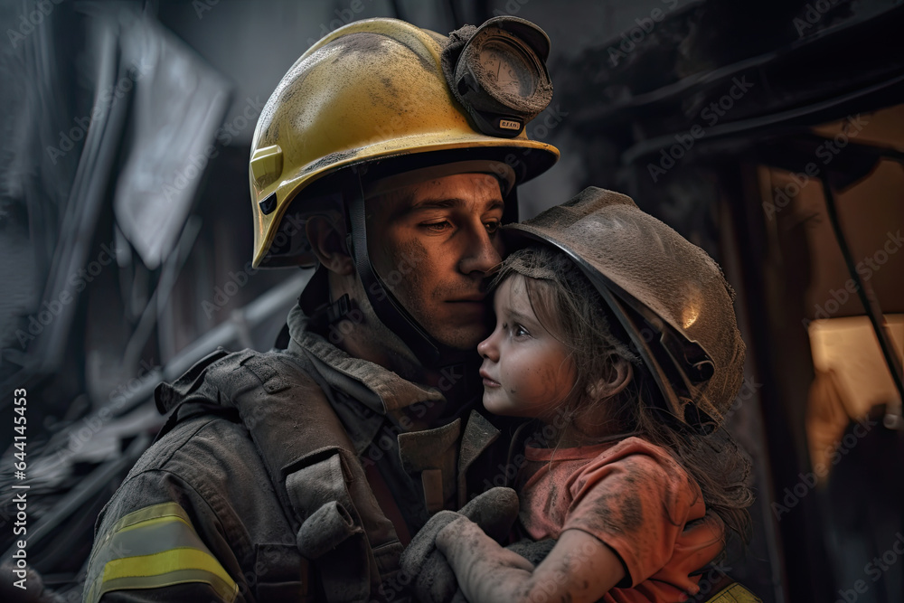 Portrait of a fireman and his little daughter in the fire department