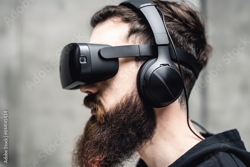 closeup shot of a man using a social networking headset in virtual reality