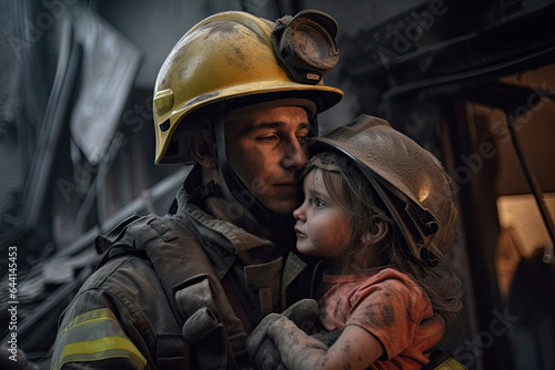 Portrait of a fireman and his little daughter in the fire department