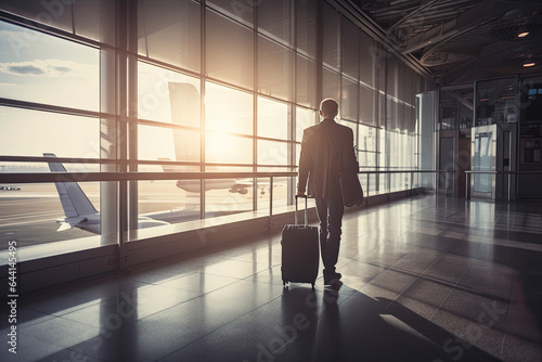 Businessman with suitcase at airport terminal. Travel and tourism concept.