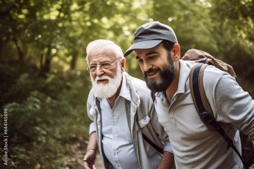 shot of a senior man being assisted by his instructor while going on a nature walk