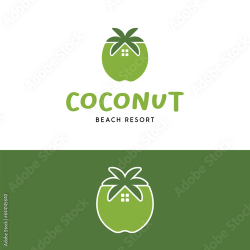 Coconut Fruit with Leaves and House Logo in Simple Clean Style for Beach Resort Hotel Cottage Villa Property Apartment Company or Coconut Business Shop