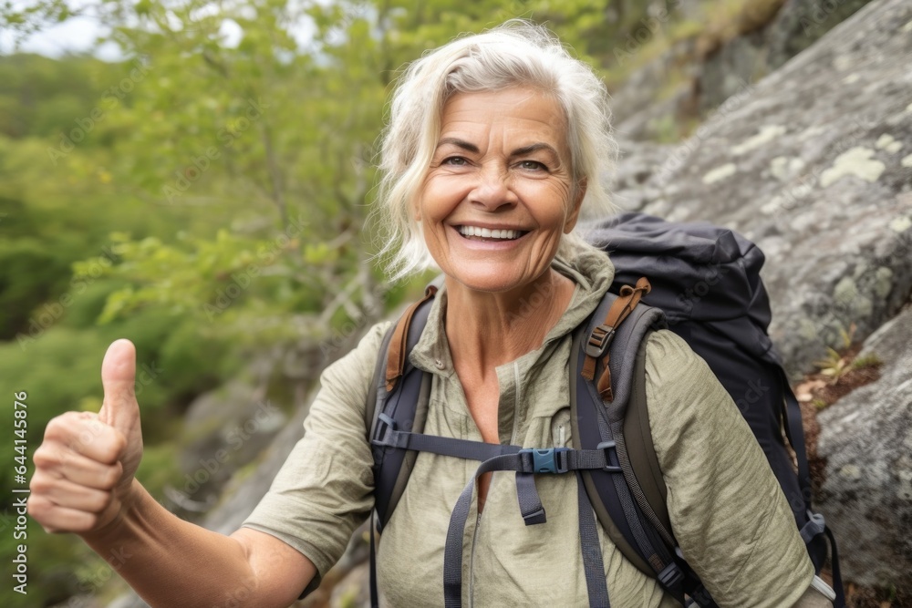 portrait of an attractive mature woman showing thumbs up while out on a hike in nature portrait of an attractive mature woman showing thumbs up while out on a hike in nature