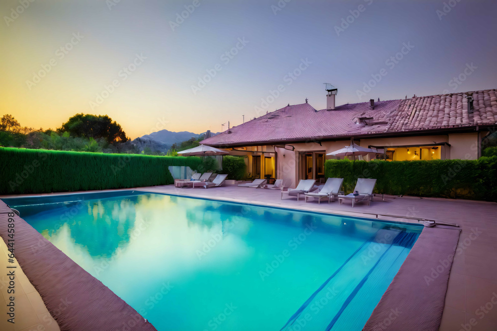Fototapeta premium A Large Swimming Pool In Front Of A House