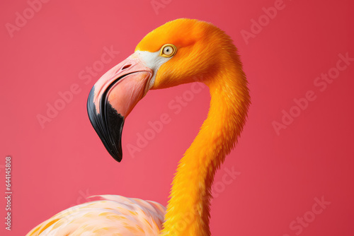 Yellow flamingo on pink background  side view