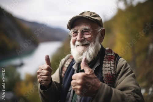 portrait of a senior man showing thumbs in nature